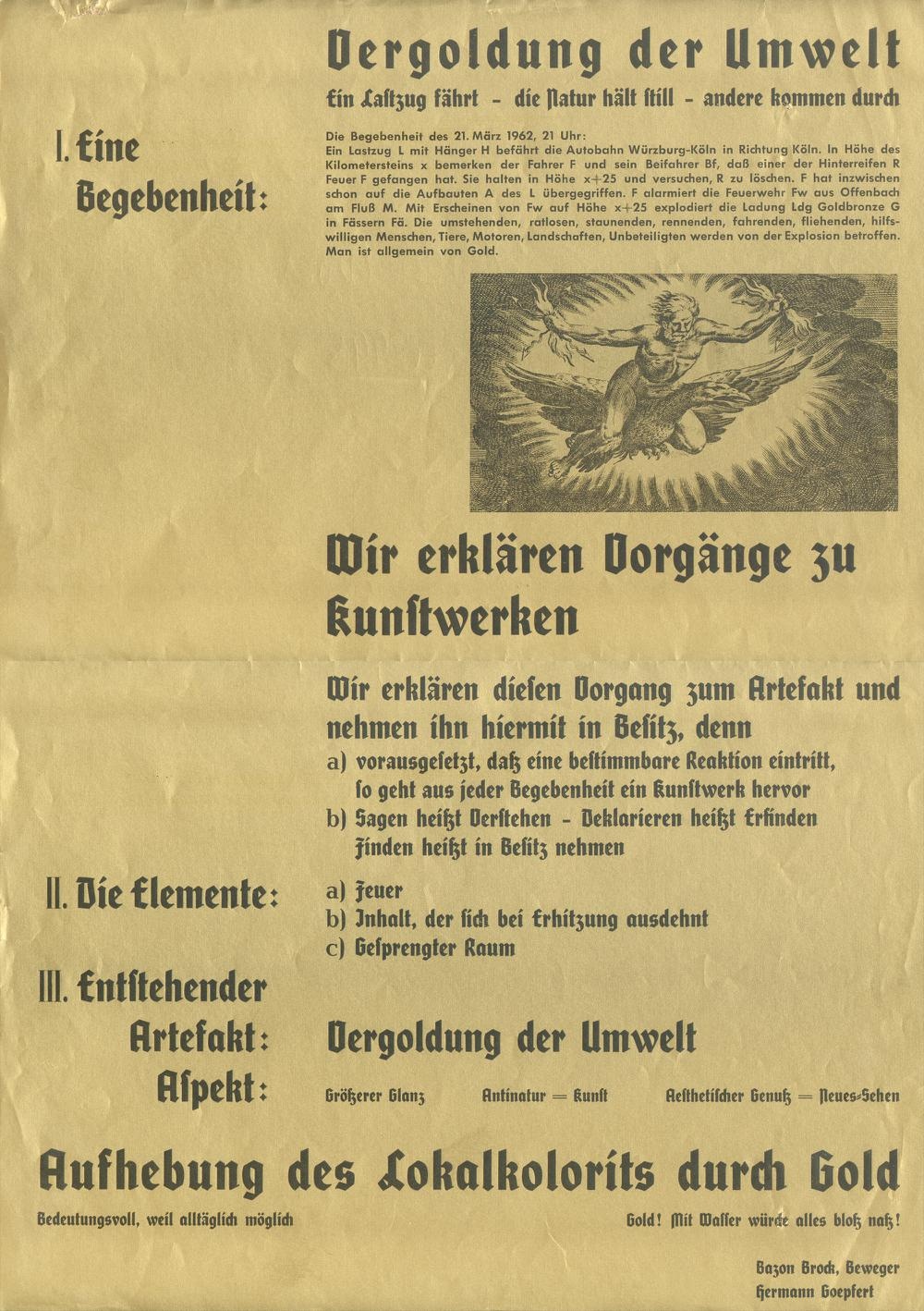 Manifest zur Aktion "Vergoldung der Umwelt" von Bazon Brock und Hermann Goepfert, Bild: Frankfurt am Main 1962.
