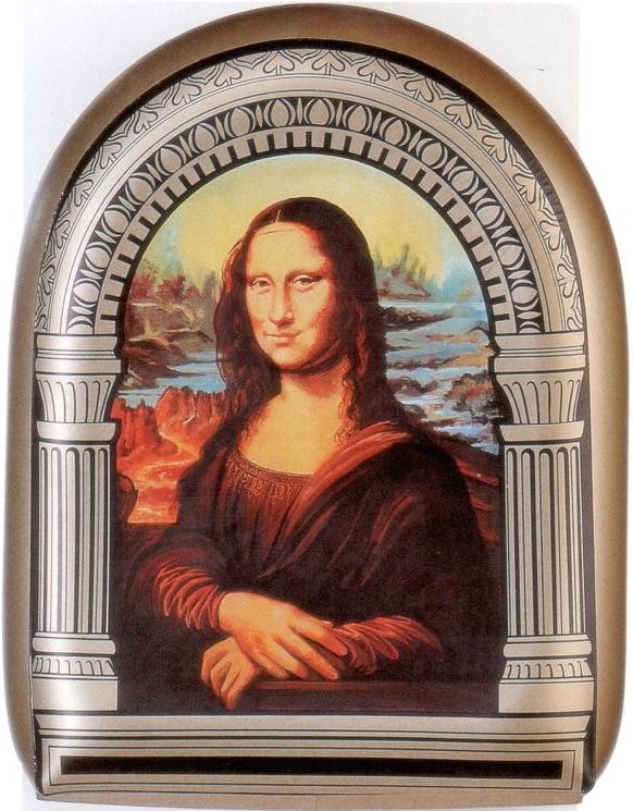 Sitzkissen mit dem Portrait der Mona Lisa nach Leonardo da Vinci, Bild: Theoretisches Objekt. Ausstellung „Wa(h)re Kunst“, 1996/97 in versch. Museen.