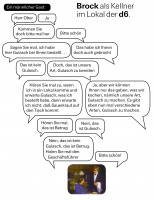 Documenta 6, 1977: Besucherschule. Die Bedeutung steckt nicht in den Dingen wie der Keks in der Schachtel. Brock als Kellner im Lokal der d6