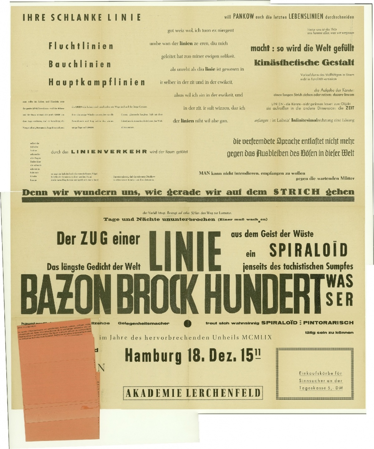 Plakat zur Hamburger Linie von Bazon Brock und Friedensreich Hundertwasser mit angehängtem Textleporello, 1959, Bild: Foto © Barbara von Woellwarth.