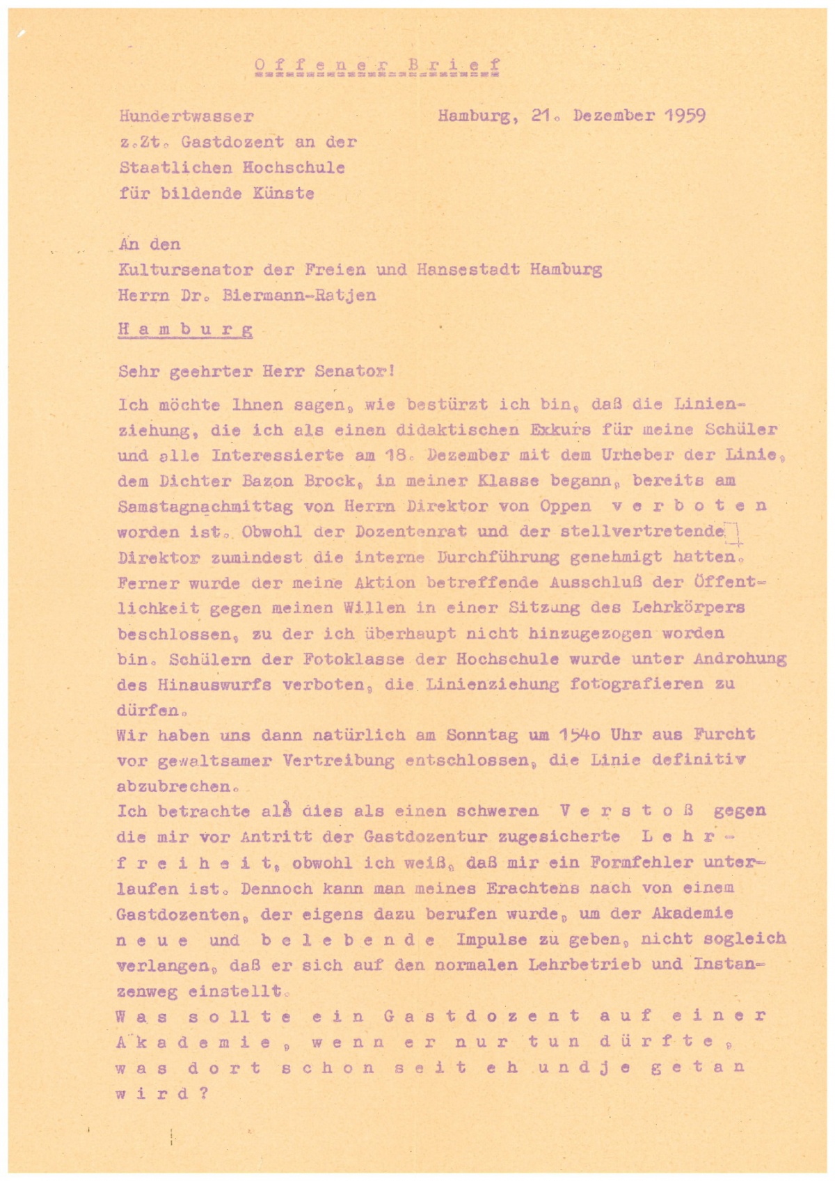 Brief von Friedensreich Hundertwasser an den Hamburger Kultursenator, 21.12.1959, Bild: Seite 1 | Hundertwasser Archiv Wien.