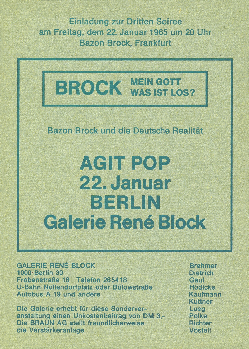 Mein Gott was ist los? | Agit Pop. Dritte Soirée in der Galerie René Block, Berlin 22.01.1965, Bild: Flyer.