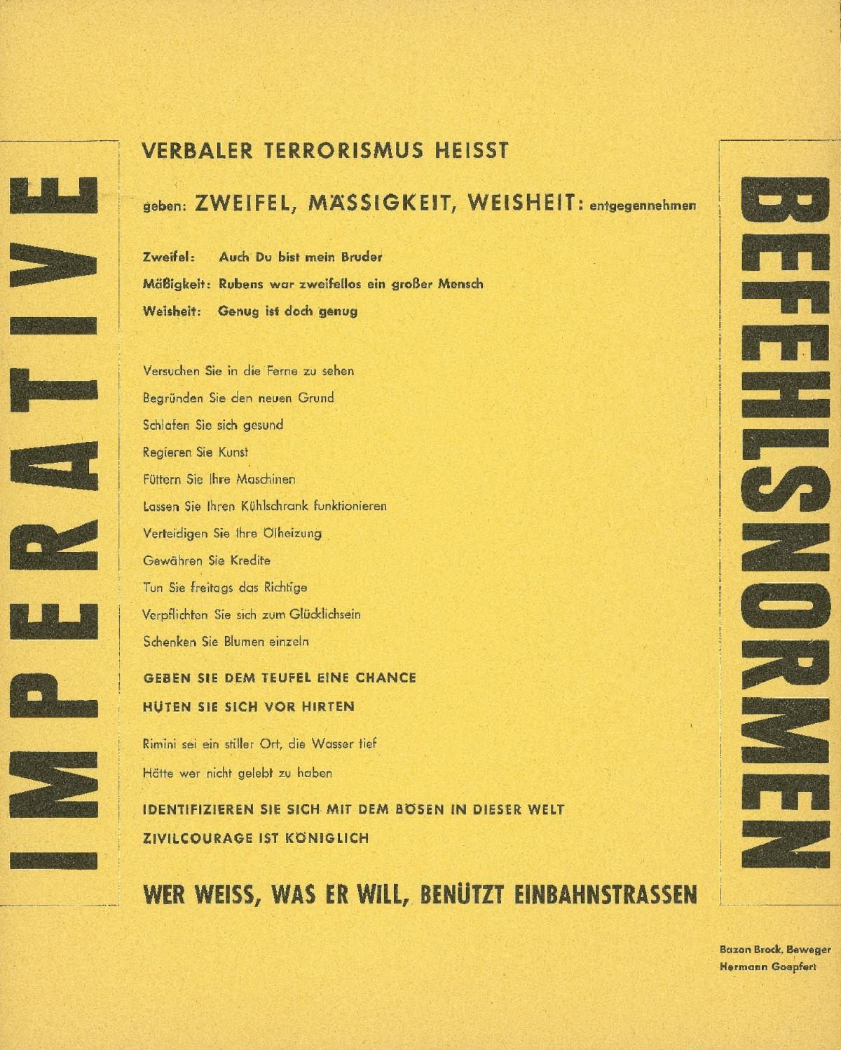 Imperative Befehlsnormen, Bild: Aktion "Donnerstagsmanifest" von Bazon Brock und Hermann Goepfert, Frankfurt am Main 1962..