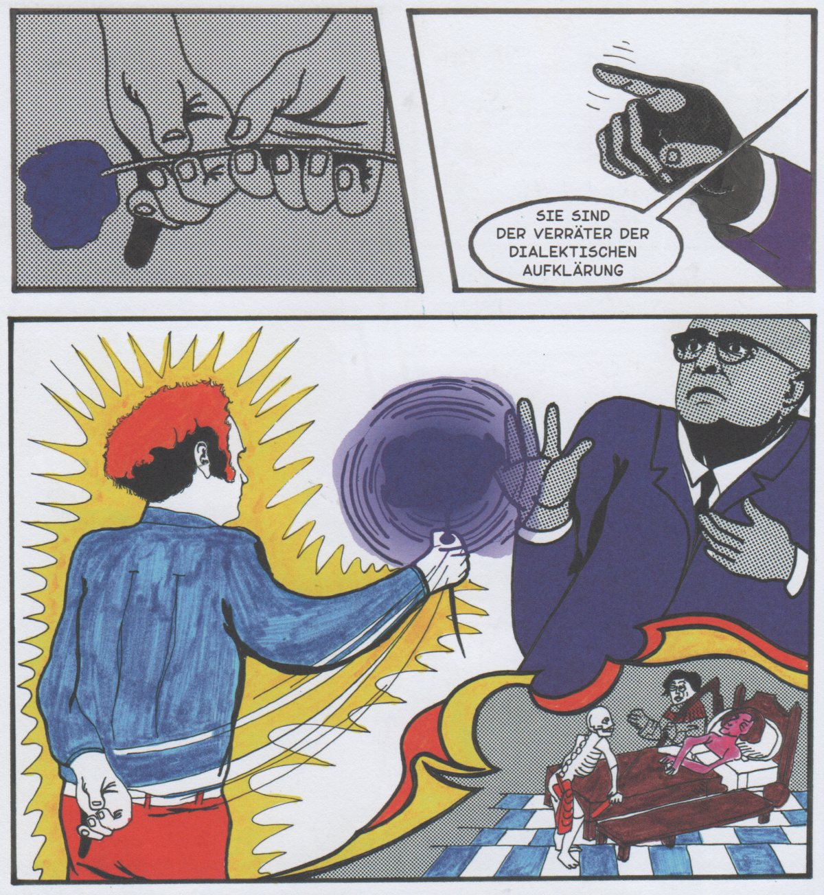 Die blaue Blume tödlich, Bild: Aus: Tod des Adorno. Comic von Helmut Wietz. Metrolit-Verlag.