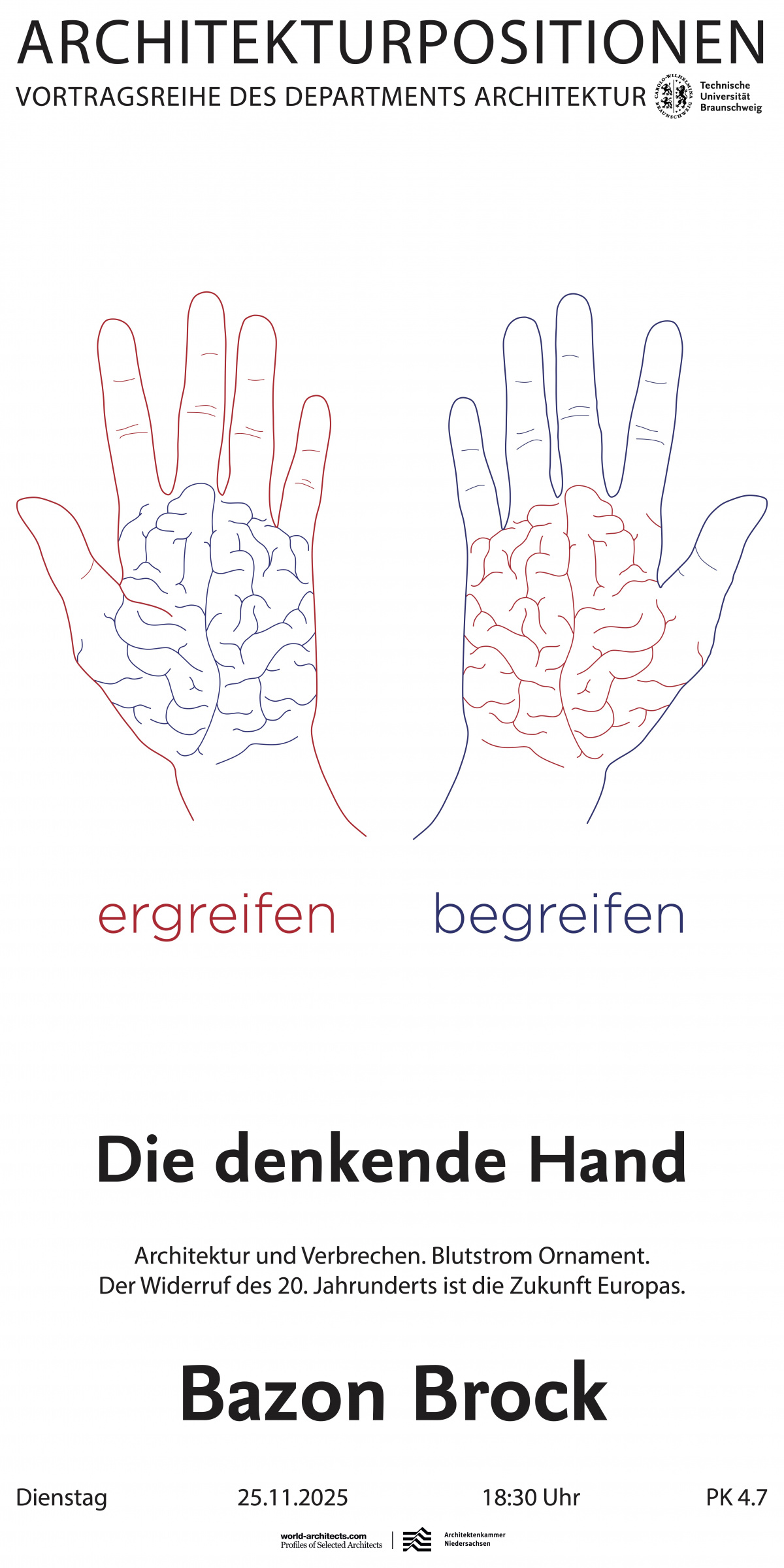 Die denkende Hand. Architektur und Verbrechen. Blutstrom Ornament. Der Widerruf des 20. Jahrhunderts ist die Zukunft Europas.