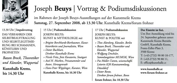 Josef Beuys, Vortrag und Podiumsdiskussion, Bild: Programmflyer.